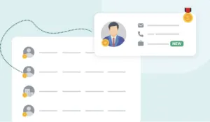 Illustration of a prospect list with one contact highlighted, showing their email, phone and company details